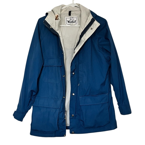 Vintage USA Woolrich Woman Blue Hooded Utility Jacket Medium Made in USA 90s - Picture 2 of 9